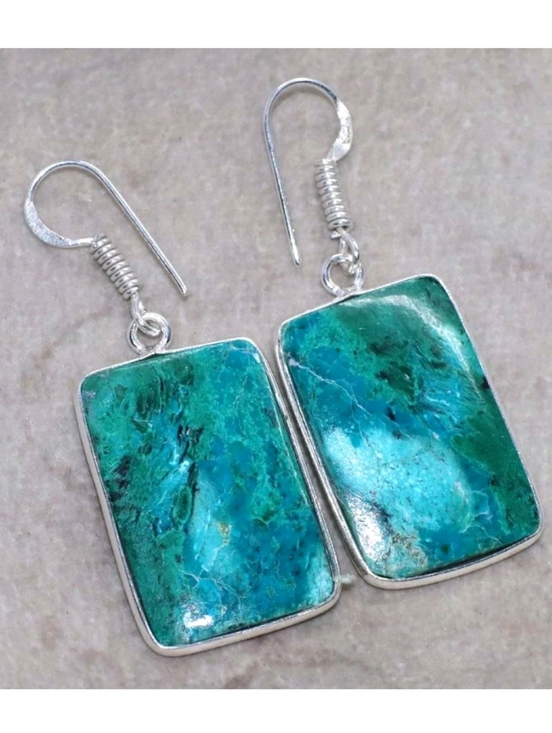 Handmade Jewelry - Chrysocolla Gemstone 925 Sterling Silver Drop Dangle Earrings